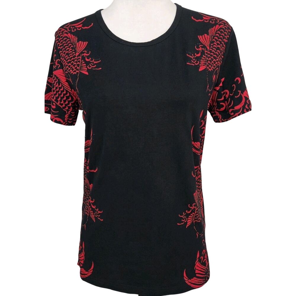 Asain Tattoo Koi Fish Red Black Rhinestone New Sample Baiye Top Blouse Sz L